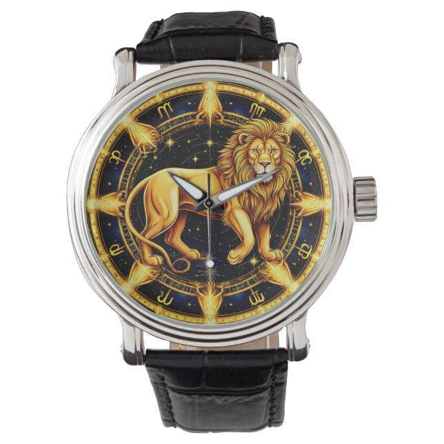 Leeuw Sterrenbeeld Symbool Op Hemelse Sterrenachte Horloge (Voorkant)