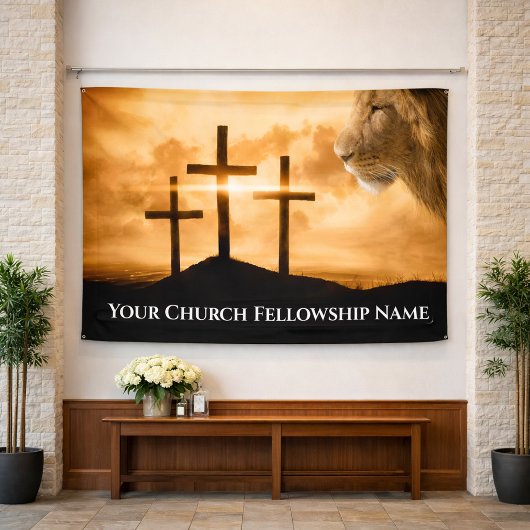 Leeuw van Juda Drie Kruizen Gouden Kerk Pastor Spandoek