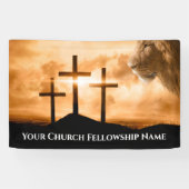 Leeuw van Juda Drie Kruizen Gouden Kerk Pastor Spandoek (Horizontaal)