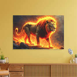 Leeuw van vlammen branden vulkaan vuur fantasie ku canvas afdruk