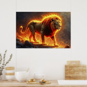 Leeuw van vlammen branden vulkaan vuur fantasie ku poster (Keuken)
