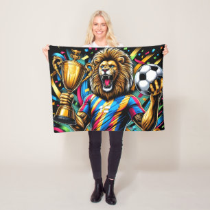 Leeuw Voetbal Kampioen Trofee Voetbal Overwinning Fleece Deken