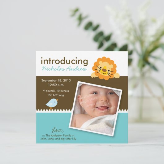 Leeuw & Vogeltje Designer Geboorteaankondiging (bl Aankondiging (Staand voorkant)