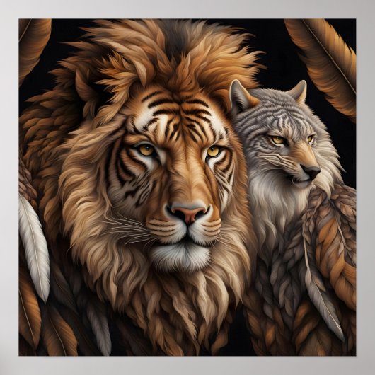 Leeuw, Wolf met Voorwaarts gericht Poster (Voorkant)