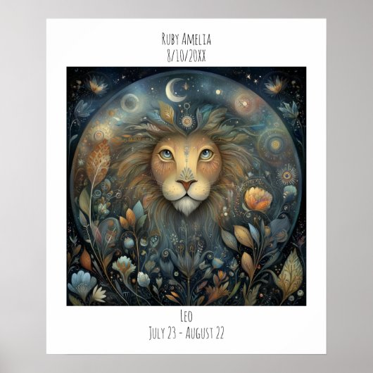 Leeuw Zodiac Astrologie Naam & Verjaardag Poster (Voorkant)