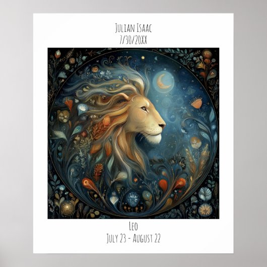 Leeuw Zodiac Astrologie Naam & Verjaardag Poster (Voorkant)
