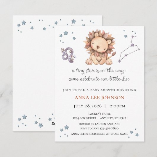Leeuw Zodiac Baby Shower Uitnodiging (Voorkant / Achterkant)