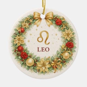 Leeuw Zodiac Kerst Ornament – Gouden Winter Krans