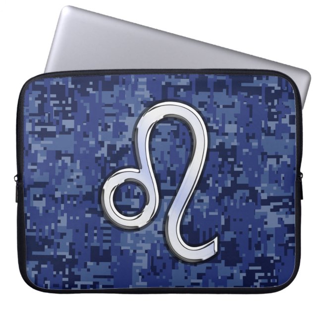 Leeuw Zodiac Symbool op Navy Blauwe Digitale Camou Laptop Sleeve (Voorkant)