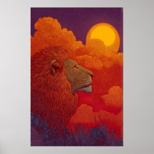 Leeuw Zonsondergang Muurkunst Vuurachtige Manen, C Poster