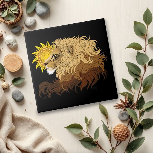 Leeuw Zwart Geel Mandala Zon Tegeltje