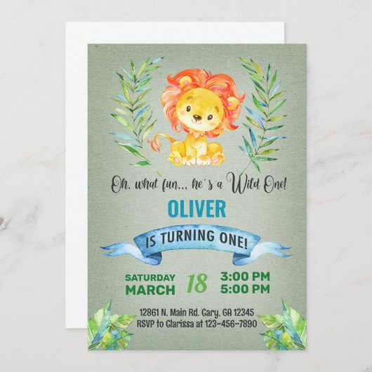 Leeuwen eerste verjaardag uitnodiging. kaart (Voorkant / Achterkant)