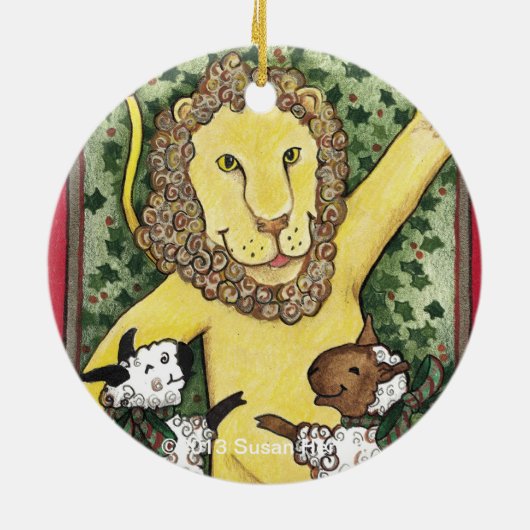 Leeuwen en lammeren, kerstversiering keramisch ornament (Achterkant)