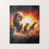 Leeuwen en tijgers in zonsondergang wild grassen legpuzzel (Verticaal)