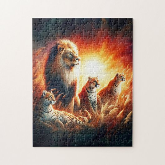 Leeuwen en tijgers in zonsondergang wild grassen legpuzzel (Verticaal)
