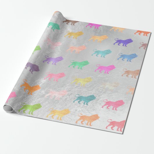 Leeuwen Roze Zilver Groen Metallic Glas Perzik Cadeaupapier (Uitgerold)