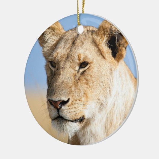 Leeuwen tegen blauwe hemel keramisch ornament (Links)