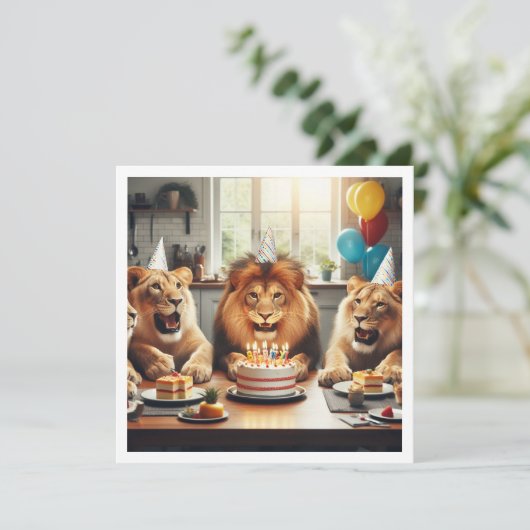 Leeuwen vieren, Leeuwen verjaardagsuitnodiging Kaart (Staand voorkant)