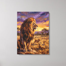 Leeuwenfamilie bij zonsondergang – Materic Fine Ar Canvas Afdruk