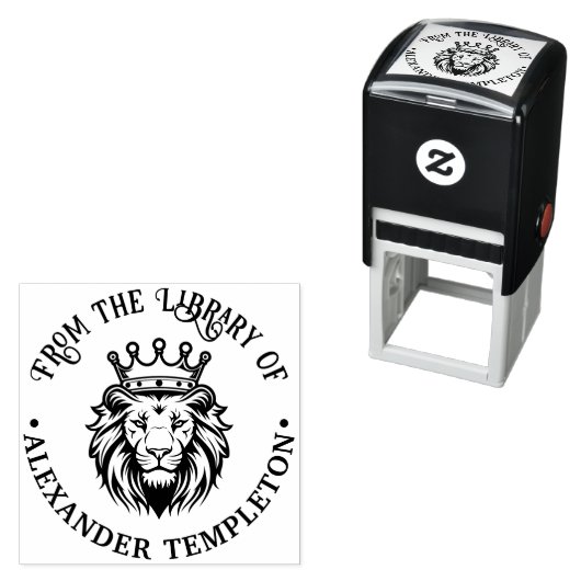 Leeuwenkop met kroon #1P Bibliotheek Boeknaam Zelfinktende Stempel (In situ)