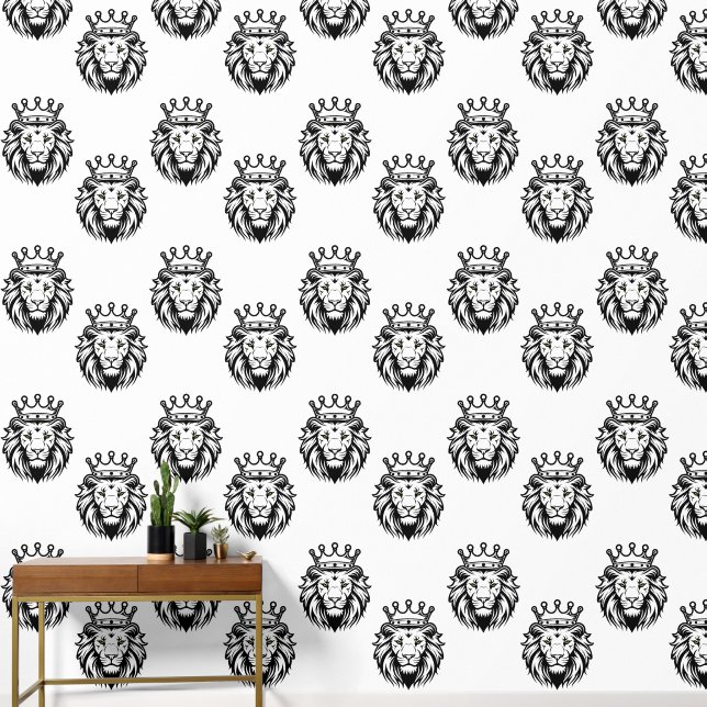Leeuwenkop met kroonsilhouet - Zwart 1 Behang (Hal)