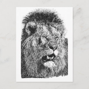 Leeuwenkopprint zwart-wit dierenrijschilderij briefkaart