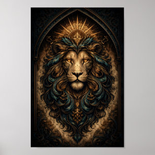 Leeuwenportret met gouden halo en filigraanlijst poster