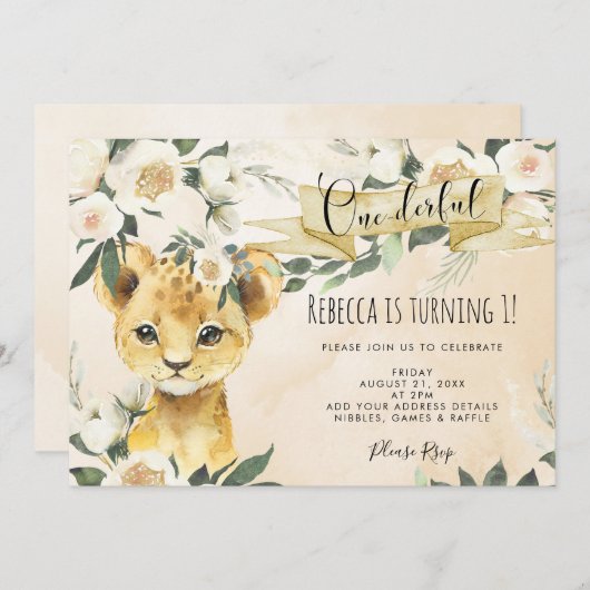 Leeuwenwelp Bloemen Onederlijke 1e verjaardag uitn Kaart (Voorkant / Achterkant)