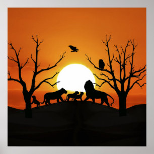 Leeuwfamilie in het zonsondergang in Afrika Poster