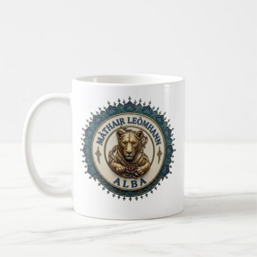 Leeuwinmoeder. Schotland Coffee Mug Koffiemok (Links)
