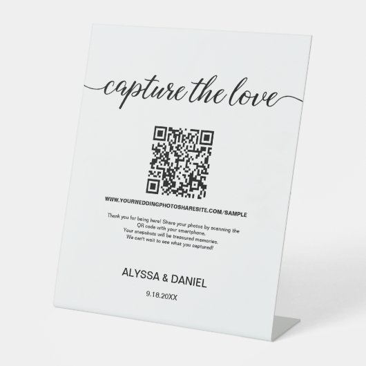 Leg de liefde bruiloft QR Code Foto delen Reclamebord Met Voetstuk (Voorkant)