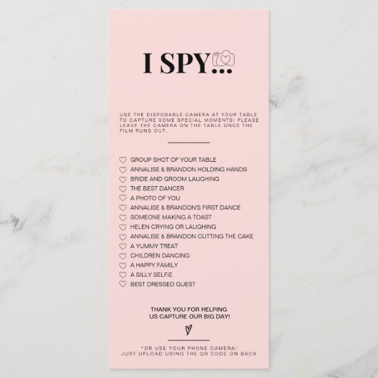 Leg de liefde foto ik spion bruiloft spel scavenge menu (Achterkant)