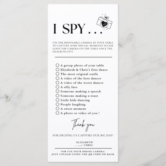 Leg de liefde foto ik spion bruiloft spel scavenge menu (Achterkant)