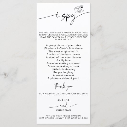 Leg de liefde foto ik spion bruiloft spel scavenge menu (Achterkant)