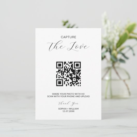 Leg de liefde QR Code minimalistische trouwfoto va Informatiekaartje (Staand voorkant)