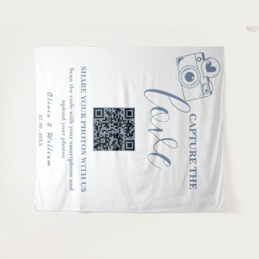 Leg de liefde vast Dusty Blue QR bruiloft achtergr Wandkleed (Voorkant (horizontaal))