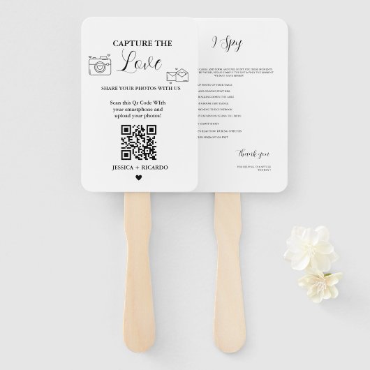 Leg de Love Wedding QR Code Kaart, fotokaart vast Handwaaier (Voorkant en achterkant)