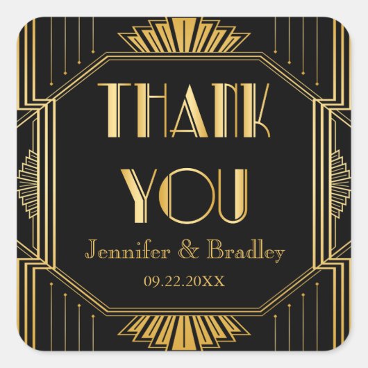  legant art deco Black Gold Wedding Favor Vierkante Sticker (Voorkant)