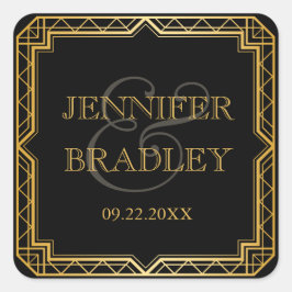 legant art deco Black Gold Wedding Favor Vierkante Sticker
