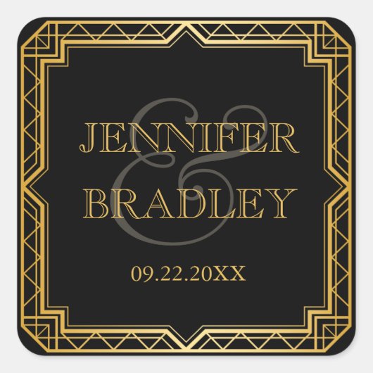  legant art deco Black Gold Wedding Favor Vierkante Sticker (Voorkant)