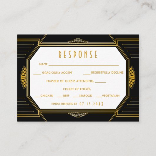  legant Art Deco Black Gold Wedding Informatiekaartje (Voorkant)