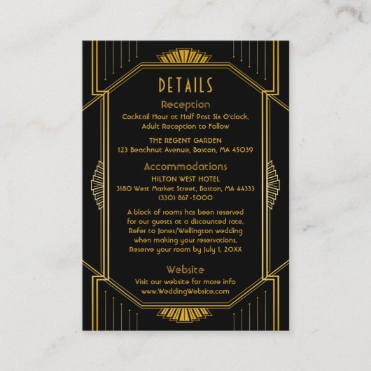  legant Art Deco Black Gold Wedding Informatiekaartje (Voorkant)