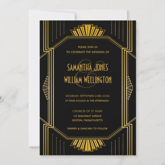 legant Art Deco Black Gold Wedding Kaart (Voorkant)