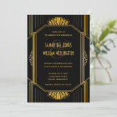 legant Art Deco Black Gold Wedding Kaart (Staand voorkant)
