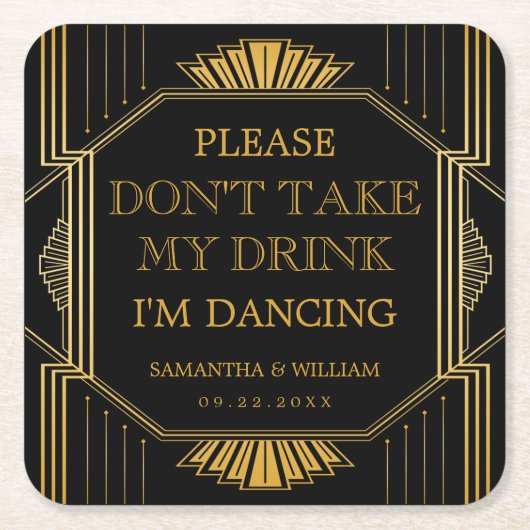  legant Art Deco Black Gold Wedding Kartonnen Onderzetters (Voorkant)