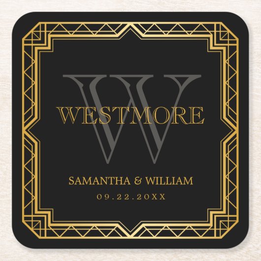  legant Art Deco Black Gold Wedding Kartonnen Onderzetters (Voorkant)