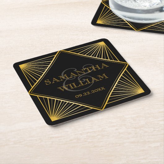 legant Art Deco Black Gold Wedding Kartonnen Onderzetters (Schuin)