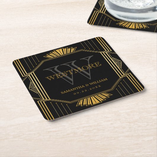  legant Art Deco Black Gold Wedding Kartonnen Onderzetters (Schuin)