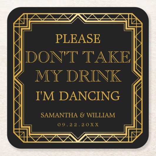  legant Art Deco Black Gold Wedding Kartonnen Onderzetters (Voorkant)