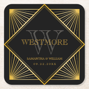  legant Art Deco Black Gold Wedding Kartonnen Onderzetters